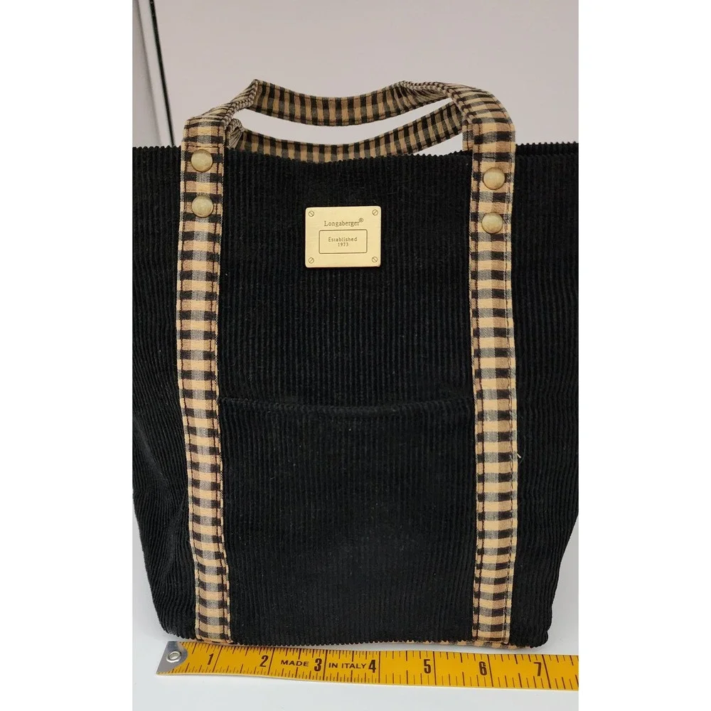 Longaberger Corduroy Tote Bag Small Black Khaki Gingham Hand Bag Purse EXC